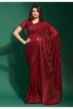 Georgette Saree with blouse in Maroon colour 8028