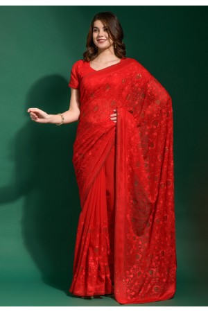 Georgette Saree with blouse in Red colour 8030