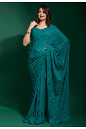 Georgette Saree with blouse in Teal colour 8025