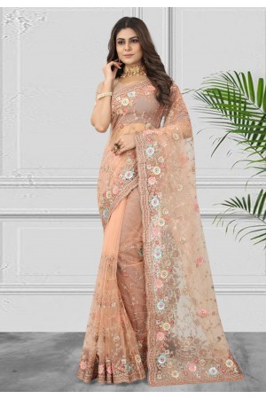 Net Saree with blouse in Peach colour 6899