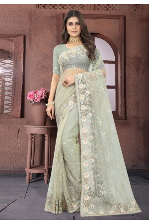 Net Saree with blouse in Pista green colour 6895