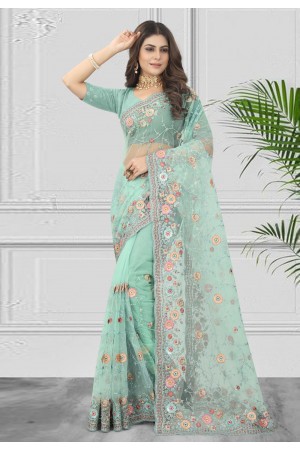 Net Saree with blouse in Sea green colour 6898