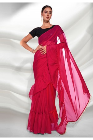 Organza ruffle border Saree with blouse in Magenta colour 5221