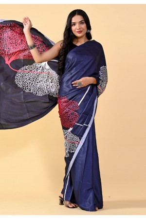 Satin silk Saree with blouse in Navy blue colour 207