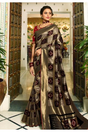 Gray banarasi silk saree with blouse 6009