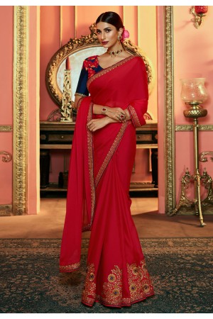 Red silk party wear saree 111