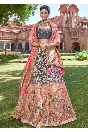 Grey Pink Shaded Silk Jacquard Woven Lehenga Choli 2709