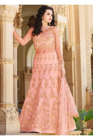 Peach Embroidered Net Kurti Style Lehenga 10029