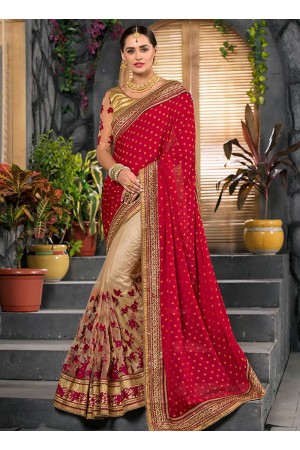 Beige and red party wear saree 2002