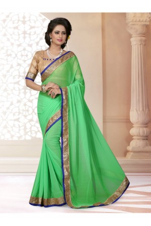 Green Colored Border Worked Faux Georgette Saree 4015