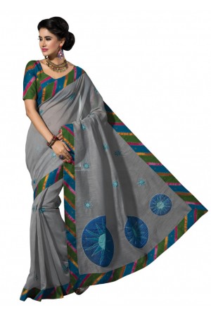 Grey Colored Embroidered Blended Cotton Saree 175