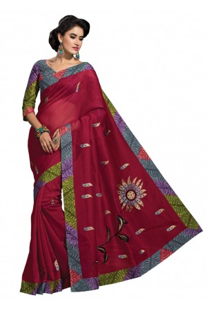 Magenta Colored Embroidered Blended Cotton Saree 186