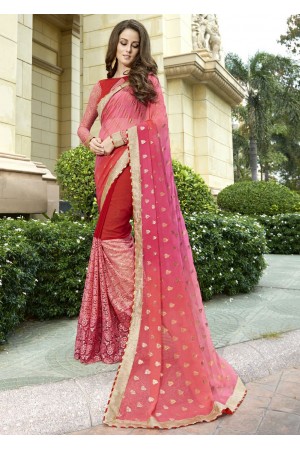 Peach Colored Embroidered Chiffon Georgette Net Partywear Saree 97057
