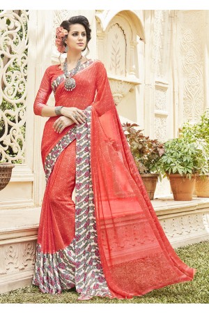 Red Georgette Satin Traditional Printed Saree 588