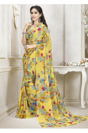 Yellow Colored Printed Faux Georgette Saree 111