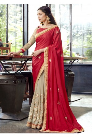 Beige Faux Georgette Embroidered Festive Saree 97074