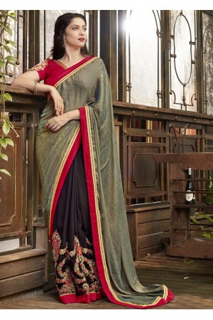 Brown Faux Georgette Embroidered Festive Saree 97071