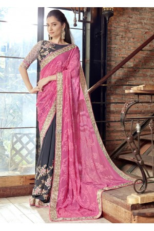 Grey Faux Georgette Embroidered Festive Saree 97075