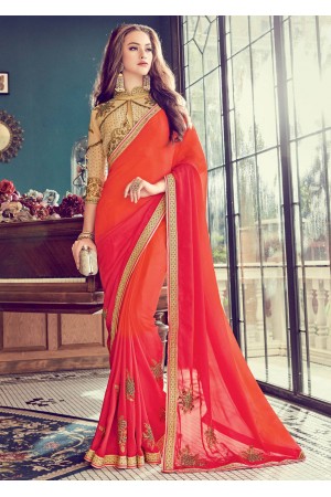 Orange  Satin Art Silk Embroidered  Saree 24354