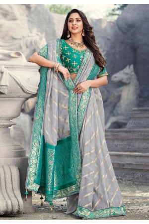 Grey color silk saree with blouse 1307