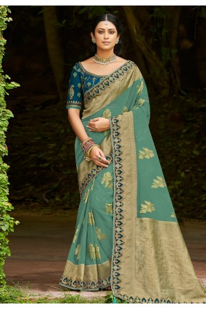 Sea green organza saree with blouse 1003