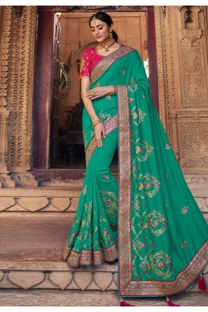 Sea green satin georgette saree with blouse 1104
