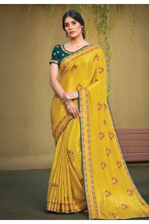 Yellow satin silk festival wear saree 41707