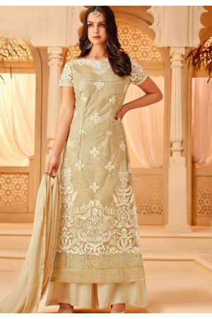 beige net embroidered palazzo style suit 5111