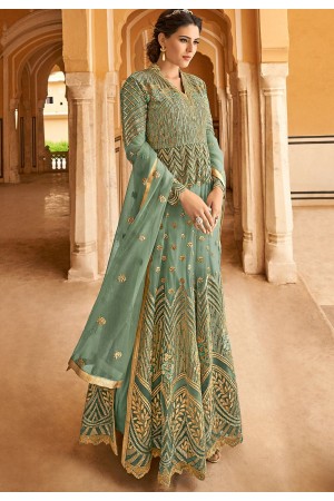 blue shade net embroidered long anarkali suit 15102d