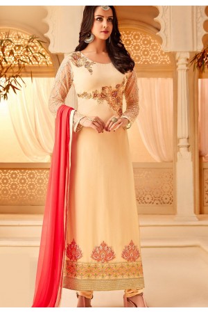 cream georgette embroidered straight churidar suit 5113