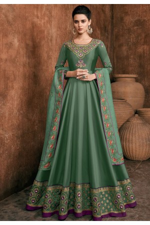 green rayon long embroidered indowestern anarkali suit 39031
