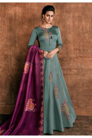 grey shade rayon long embroidered indowestern anarkali suit 39036