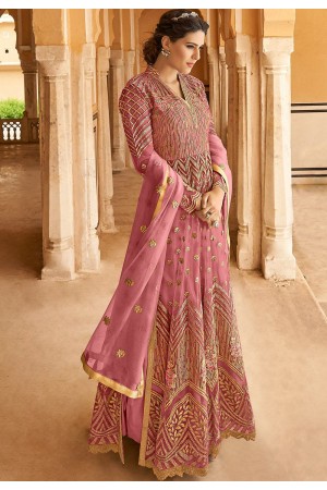 pastel pink net embroidered long anarkali suit 15102b