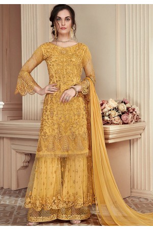 yellow heavy net embroidered palazzo style pakistani suit 906