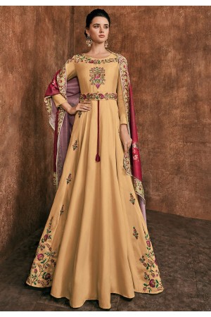 yellow rayon long embroidered indowestern anarkali suit 39035