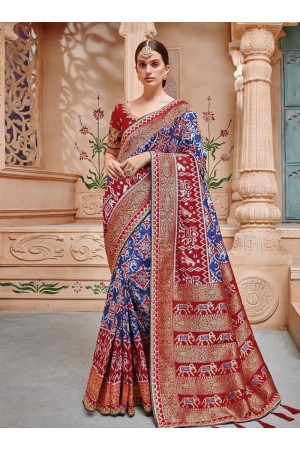 Blue red color pure banarasi silk wedding wear saree 2005