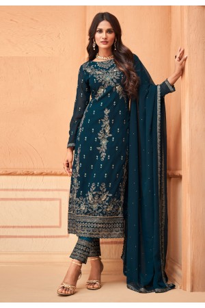 Blue georgette embroidered pant style suit 96001
