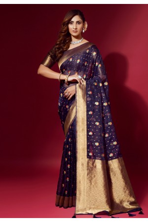 Silk Saree with blouse in Navy blue colour 25002