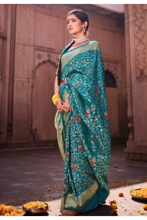 Silk Saree with blouse in Turquoise colour 18004
