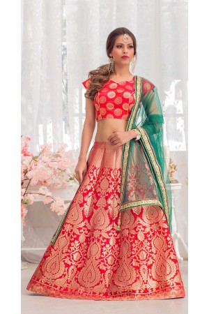 Party Wear Pure Silk Rani Pink Green Lehenga k106