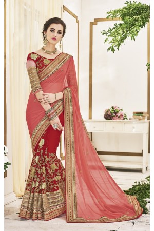 Pink and red color geogette wedding wear saree