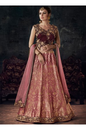 Pink and maroon silk and velvet wedding lehenga choli