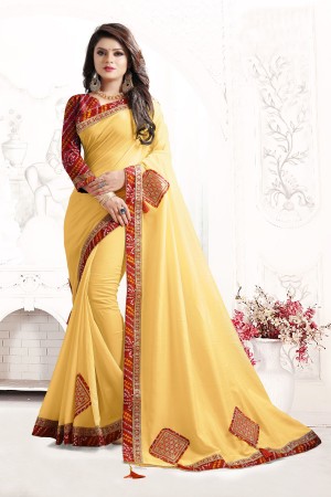 Indian Wedding Art silk Yellow Colour Saree 1561