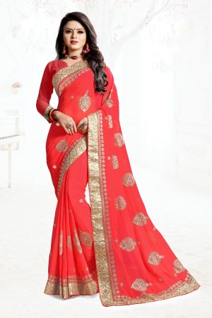 Indian Wedding Georgette Red Colour Saree 1568