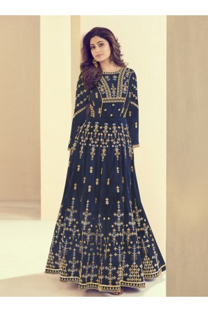 Shamita Shetty Blue Silk Wedding Anarkali Suit 8004