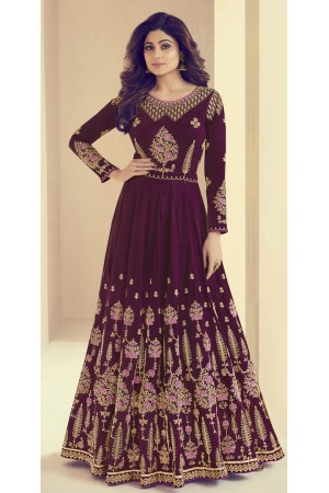 Shamita Shetty Wine Silk Wedding Anarkali Suit 8003