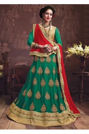 Green Colored Embroidered Faux Georgette Wedding Lehenga Choli 3161