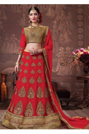 Red Colored Embroidered Faux Georgette Bridal Lehenga Choli 3160