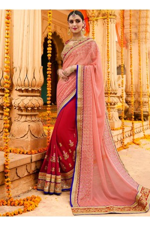 Pink and red chinon wedding saree