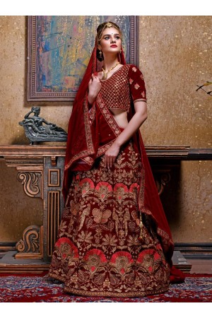 Maroon color velvet Indian wedding lehenga